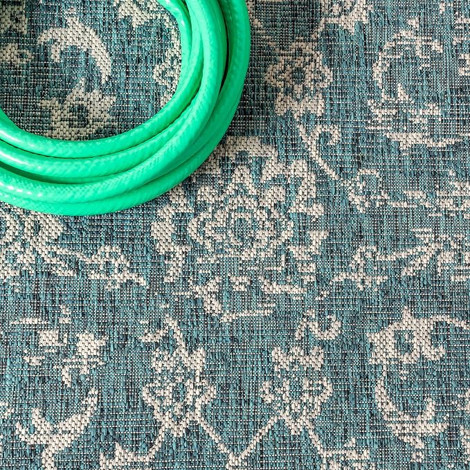 JONATHAN Y Weave Floral Indoor Outdoor Round Area Rug 9 Ft Teal/Gray, Tela - Image 8