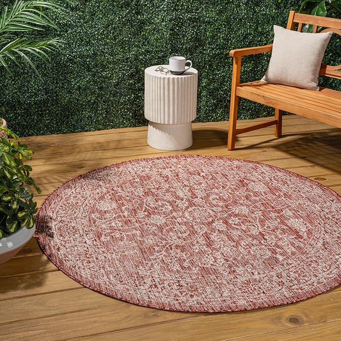 JONATHAN Y Weave Floral Indoor Outdoor Round Area Rug 9 Ft Red/Taupe, Tela by JONATHANY