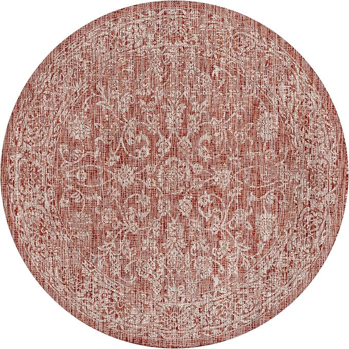 JONATHAN Y Weave Floral Indoor Outdoor Round Area Rug 9 Ft Red/Taupe, Tela - Image 9