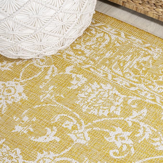 JONATHAN Y Weave Floral Indoor Outdoor Round Area Rug 5 Ft Yellow/Cream - Image 5