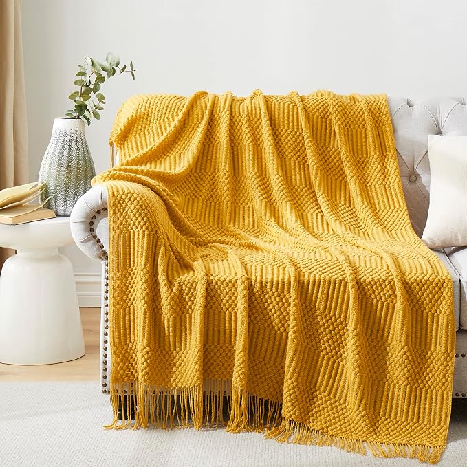 Mustard Yellow Knitted Throw Blankets by HommxJF