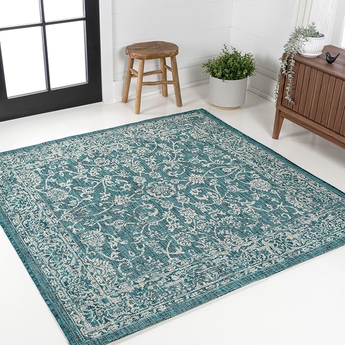 JONATHAN Y Weave Floral Indoor Outdoor Square Area Rug 6X6 Teal/Gray, Tela - Image 3