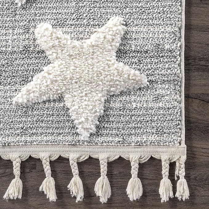 nuLOOM Raven Modern Stars High Low Shaggy Tassel Area Rug, Light Grey - Image 6