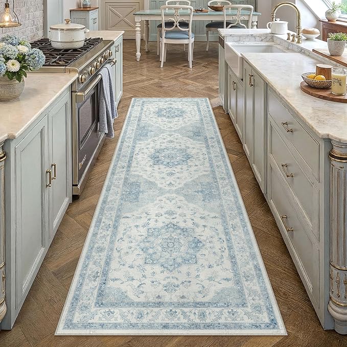 Blue Runner Rug 2x8 Washable Vintage Carpet - Image 5
