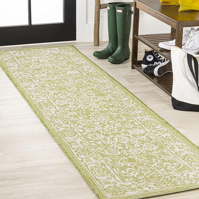 JONATHAN Y Weave Floral Indoor Outdoor Runner Rug 2X8 Green/Cream, Tela - Image 3