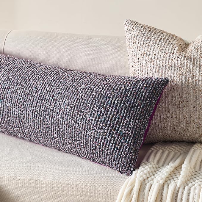 Decorative Lumbar Pillow Cover 14x36 Purple Striped Wool Long Body Pillow - Image 4