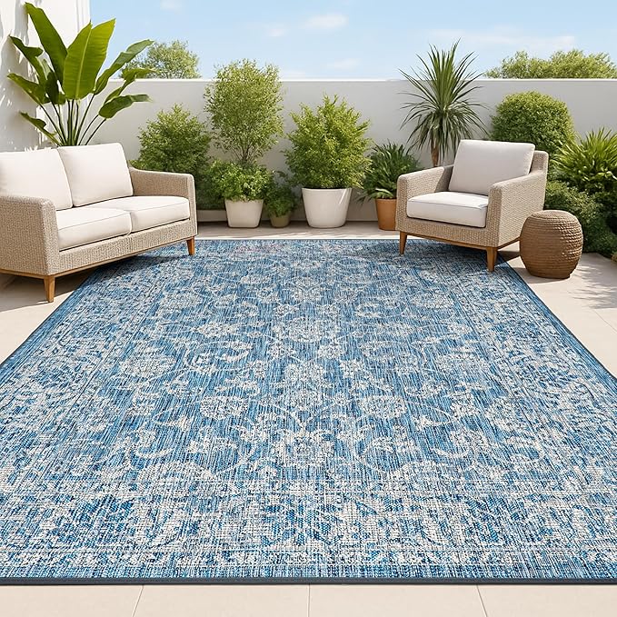 JONATHAN Y Weave Floral Indoor Outdoor Area Rug 10X14 Navy/Gray, Tela Bohemian by JONATHANY