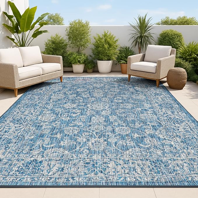 JONATHAN Y Weave Floral Indoor Outdoor Area Rug 4X6 Navy/Gray, Tela Bohemian by JONATHANY