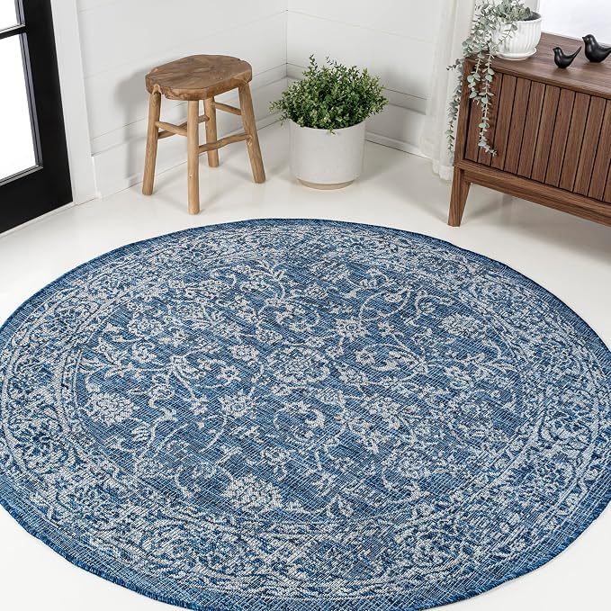 JONATHAN Y Weave Floral Indoor Outdoor Round Area Rug 4 Ft Navy/Gray, Tela - Image 3