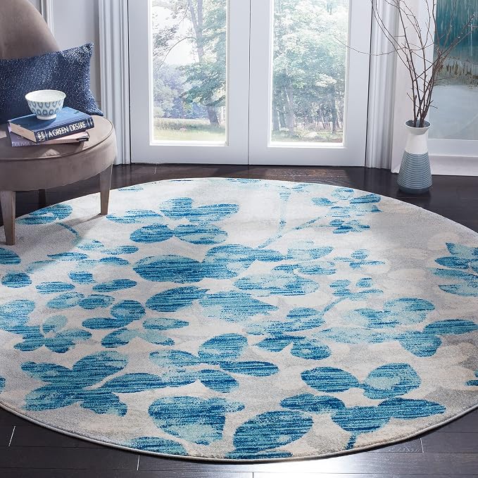 SAFAVIEH Evoke Collection 6'7" Round Grey/Light Blue EVK236J Floral by SAFAVIEH