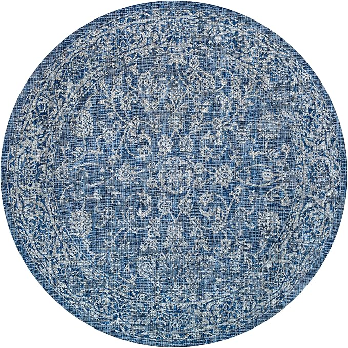 JONATHAN Y Weave Floral Indoor Outdoor Round Area Rug 4 Ft Navy/Gray, Tela - Image 9