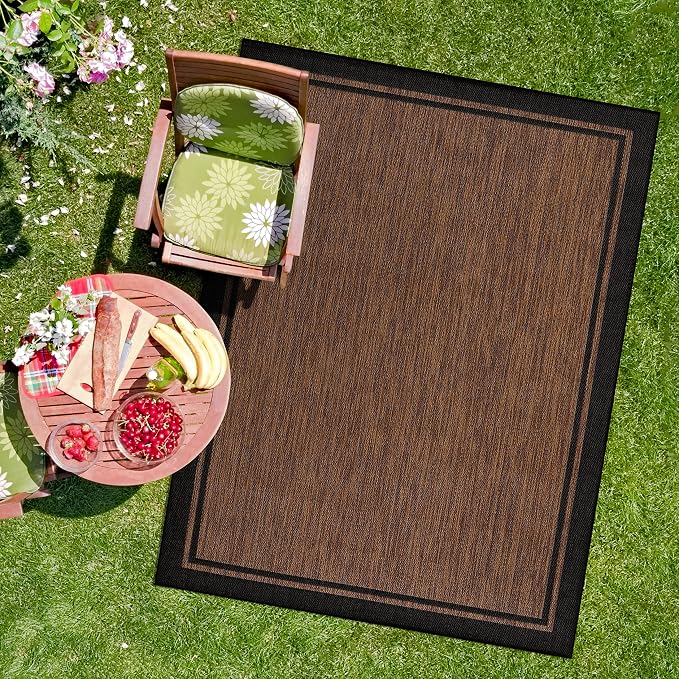 CAMILSON Indoor Outdoor Rug, 9x12 Bordered Nut Brown Black Modern Area Rugs - Image 4