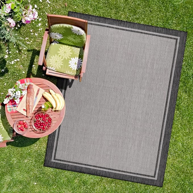 CAMILSON Indoor Outdoor Rug, 9x12 Bordered Gray Modern Area Rugs - Image 4
