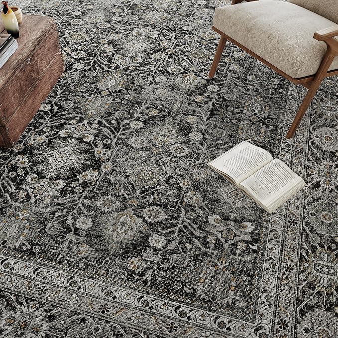 Vintage Area Rug 10x14 Black Washable Living Room Large Carpet Non Slip Bedroom - Image 7