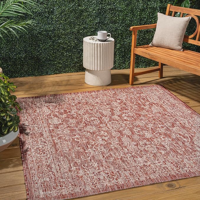 JONATHAN Y Weave Floral Indoor Outdoor Square Area Rug 9X9 Red/Taupe, Tela by JONATHANY