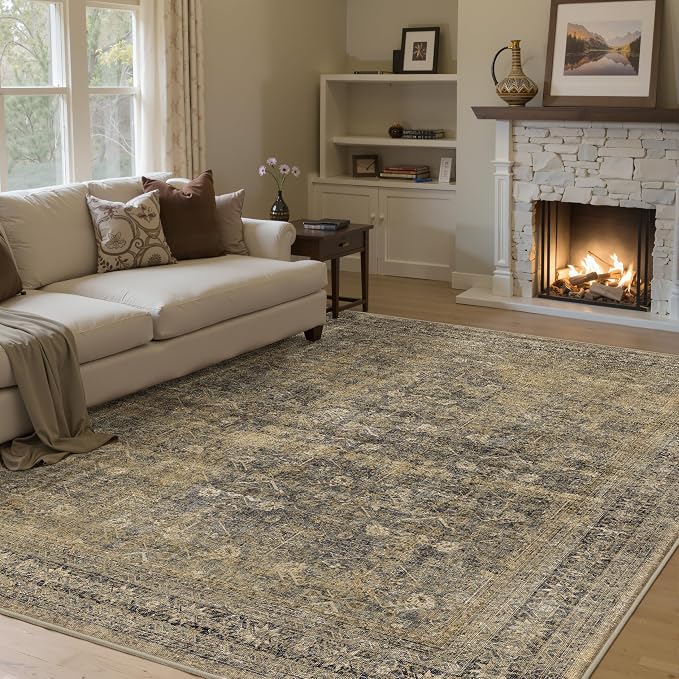 8x10 Brown Black Area Rug for Living Room Washable Vintage Distressed Carpet by PureCozy