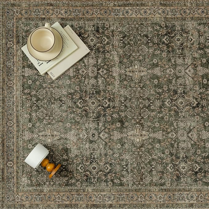 6x9 Area Rug for Living Room Green Brown Vintage Washable Bedroom Carpet - Image 7