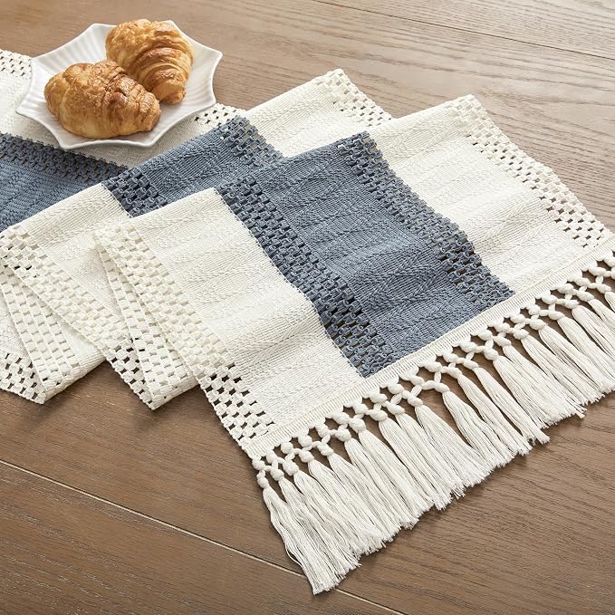 ZeeMart Macrame Style Bicolor Stitching Table Runner, 14 x 90 Inch Navy/Ivory - Image 7