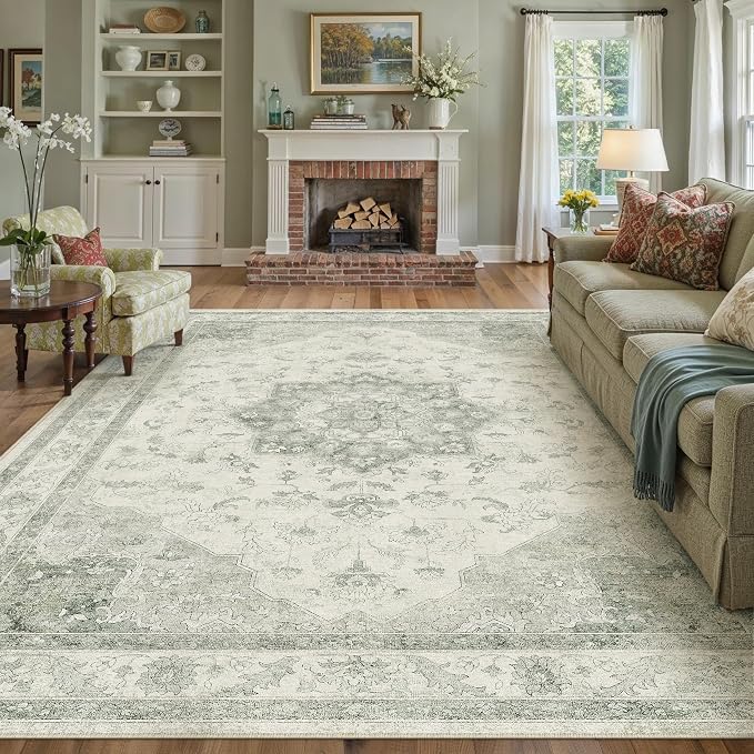Green Area Rug 8x10 Washable Living Room Carpet Vintage Non Slip Soft Bedroom by PureCozy