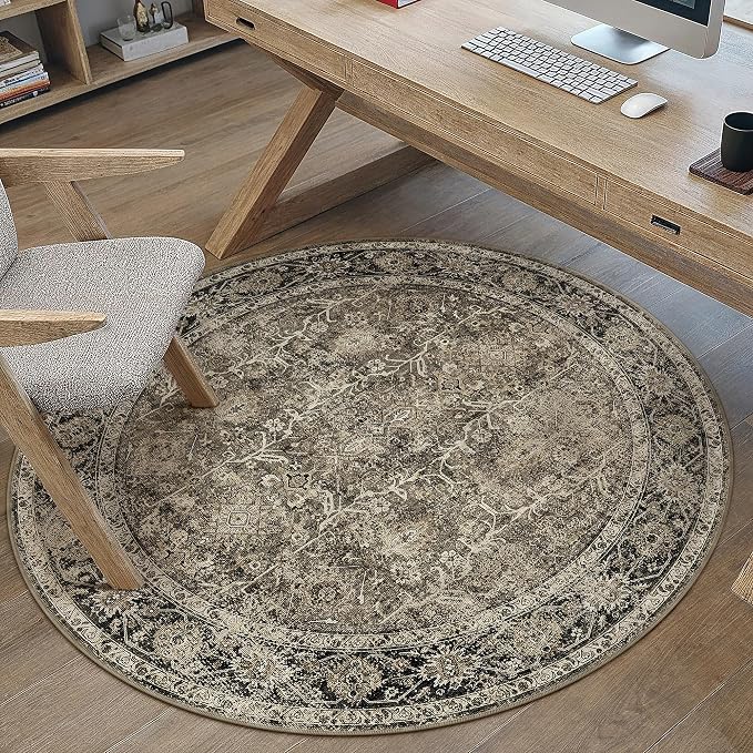 Brown Round Area Rug 3ft Entryway 3x3 Circle Vintage Indoor Kitchen Washable by PureCozy