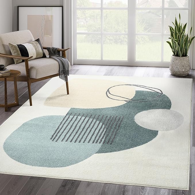 Abani Deco Collection Area Rug -Cream/Green Minimalist Design -6' x 9' by Abani
