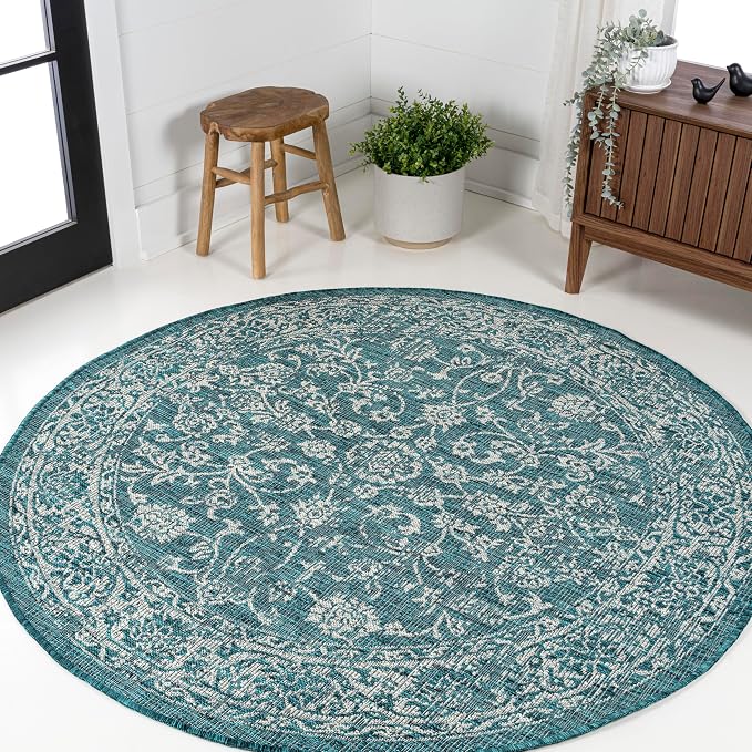 JONATHAN Y Weave Floral Indoor Outdoor Round Area Rug 9 Ft Teal/Gray, Tela - Image 3