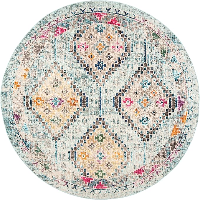 SAFAVIEH Madison Collection 3' Round Blue / Yellow MAD418K Boho Diamond - Image 2