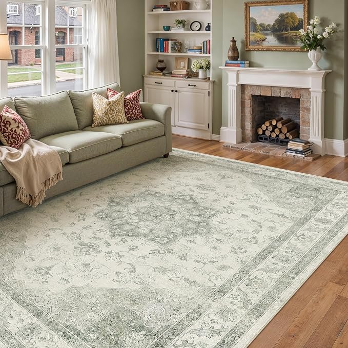 Green Area Rug 8x10 Washable Living Room Carpet Vintage Non Slip Soft Bedroom - Image 5