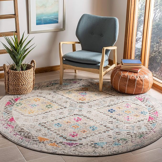 SAFAVIEH Madison Collection 3' Round Grey / Yellow MAD418F Boho Diamond by SAFAVIEH