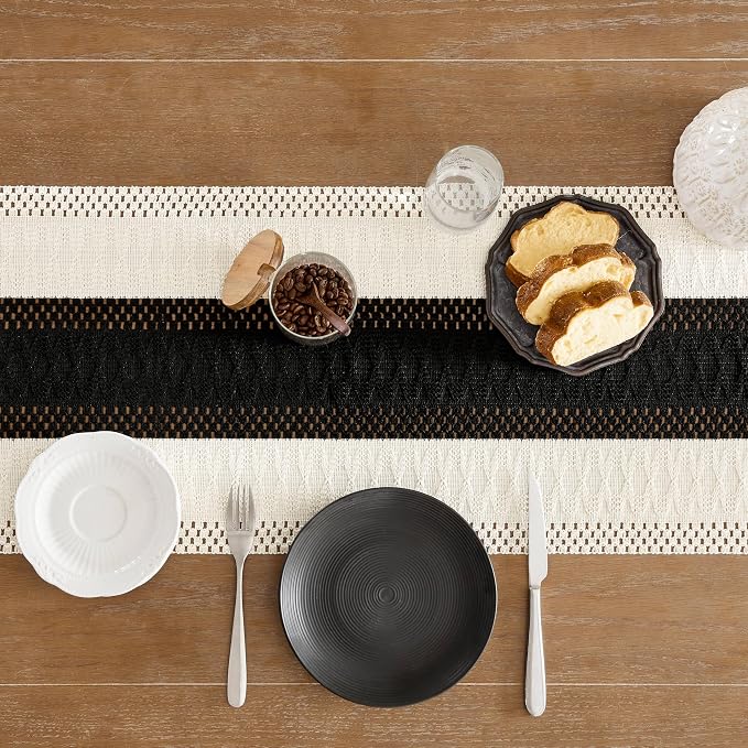 ZeeMart Macrame Style Bicolor Stitching Table Runner, 14 x 72 Inch Black/Ivory - Image 5