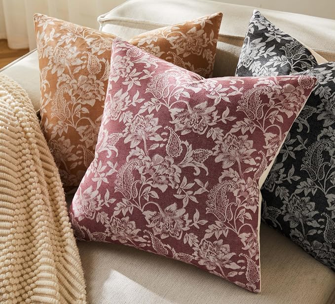 Floral Jacquard Throw Pillow Covers Set of 2, Background/Burgundy 24x24 Inch - Image 5