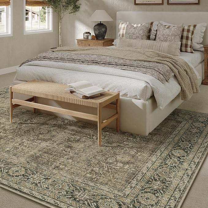 Vintage Area Rug 8x10 Light Brown Washable Living Room Bedroom Indoor Carpet - Image 4