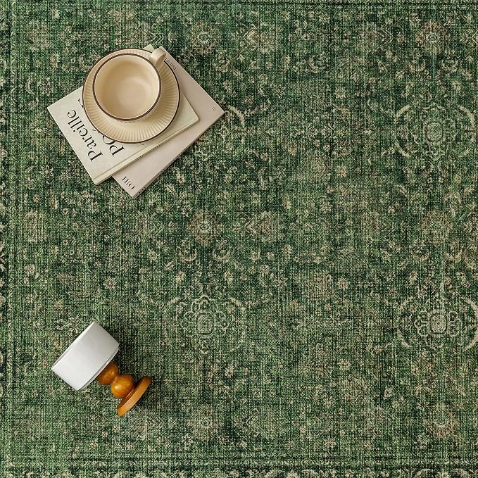 Vintage Area Rug 6x9 Washable Green Living Room Carpet Large Indoor Non Slip - Image 7