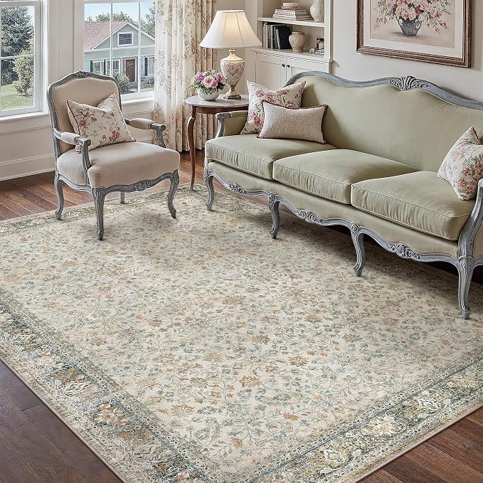 Beige Area Rug 5x7 Living Room Machine Washable Vintage Carpet Non Slip Indoor - Image 4