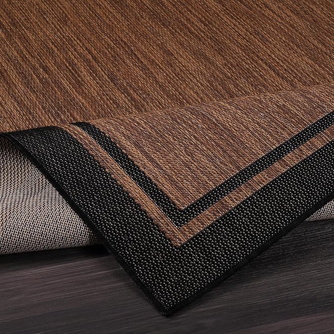 CAMILSON Indoor Outdoor Rug, 9x12 Bordered Nut Brown Black Modern Area Rugs - Image 3