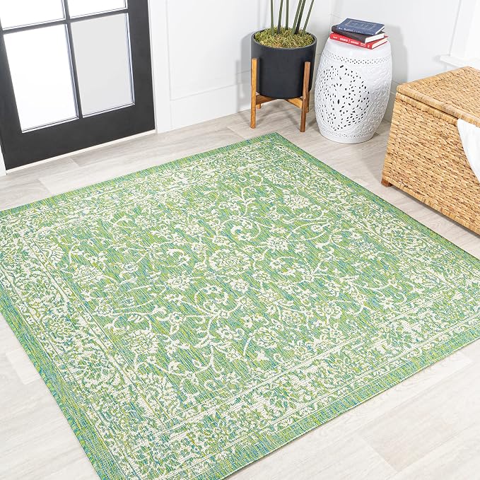 JONATHAN Y Weave Floral Indoor Outdoor Square Area Rug 5X5 Cream/Green by JONATHANY
