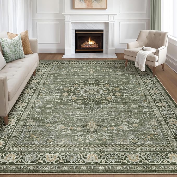 10x12 Area Rug Living Room: Washable Boho Large Neutral Vintage Soft Rugs Stain by LOONGRUG