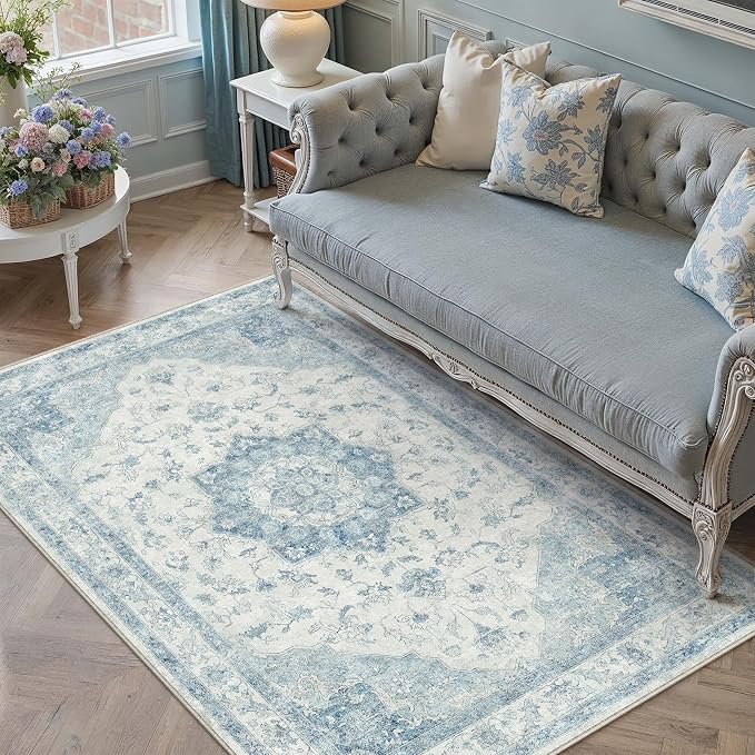 Blue Area Rug 4x6 Washable Vintage Carpet by PureCozy