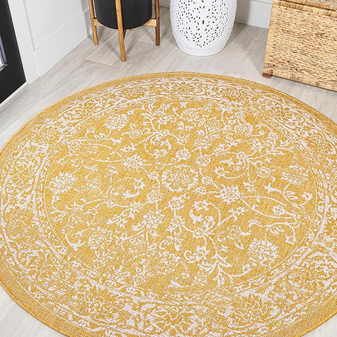 JONATHAN Y Weave Floral Indoor Outdoor Round Area Rug 5 Ft Yellow/Cream by JONATHANY