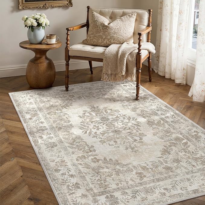 3x5 Area Rug Beige Washable Office Vintage Distressed Carpet Bedroom Indoor by PureCozy