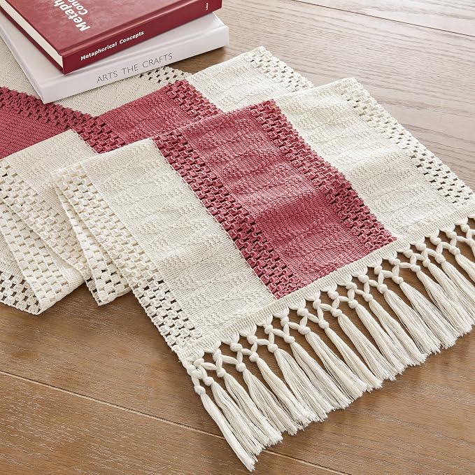 ZeeMart Macrame Style Bicolor Stitching Table Runner, 14 x 108 Inch Dusty - Image 7