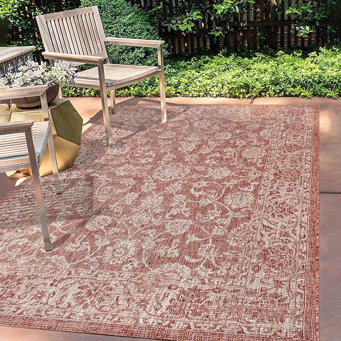 JONATHAN Y Weave Floral Indoor Outdoor Area Rug 6X9 Red/Taupe, Tela Bohemian - Image 4