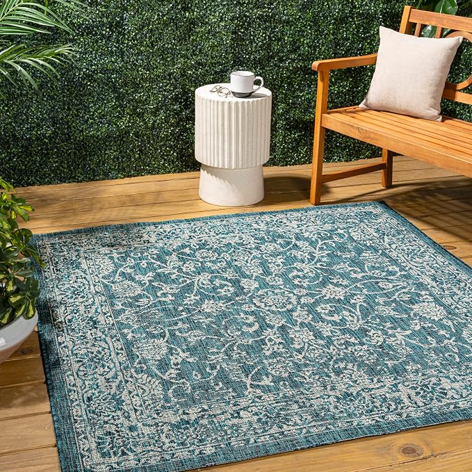 JONATHAN Y Weave Floral Indoor Outdoor Square Area Rug 4X4 Teal/Gray, Tela by JONATHANY