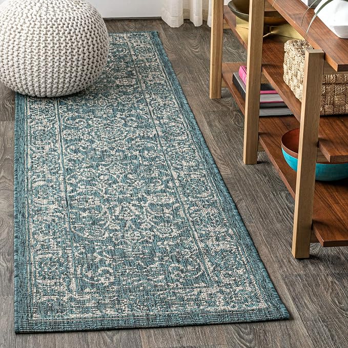 JONATHAN Y Weave Floral Indoor Outdoor Runner Rug 2X8 Teal/Gray, Tela Bohemian - Image 3