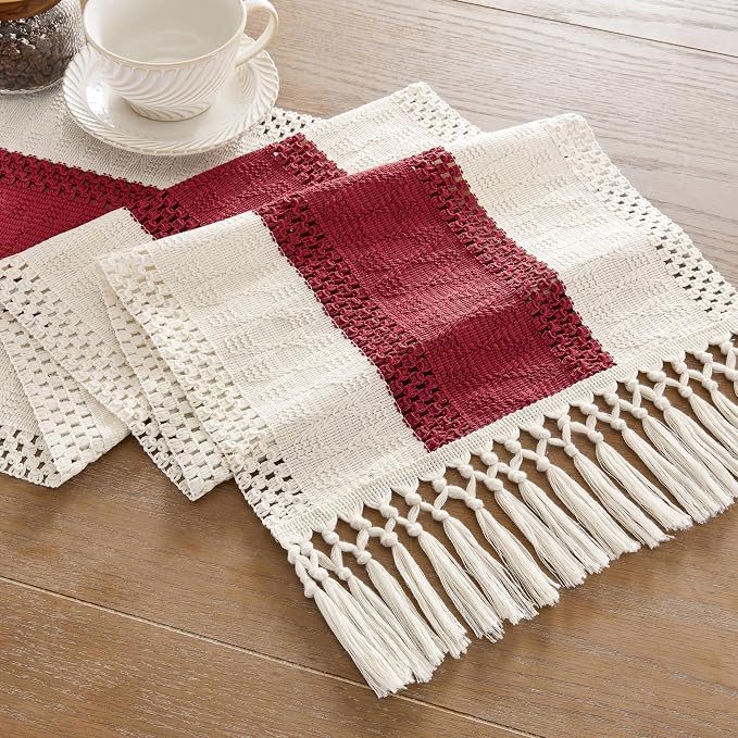 ZeeMart Macrame Style Bicolor Stitching Table Runner, 14 x 48 Inch Red/Ivory - Image 7