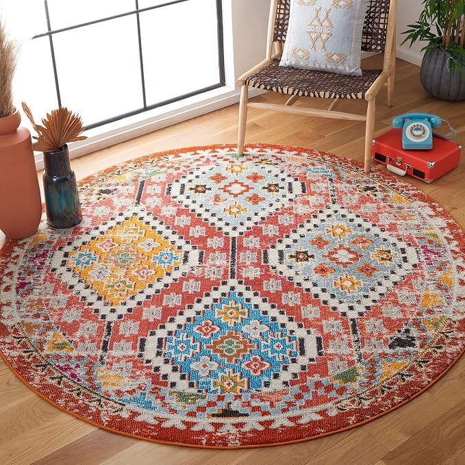 SAFAVIEH Madison Collection 6'7" Round Rust/Pink MAD418Q Boho Diamond by SAFAVIEH