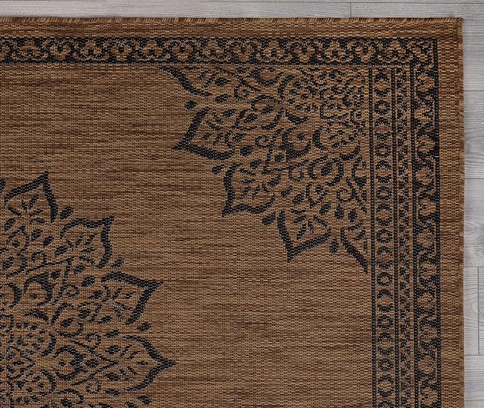 CAMILSON Outdoor Rug, 10x14 Medallion Nut Brown Black Modern Area Rugs - Image 4