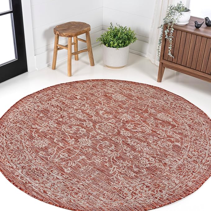 JONATHAN Y Weave Floral Indoor Outdoor Round Area Rug 9 Ft Red/Taupe, Tela - Image 3