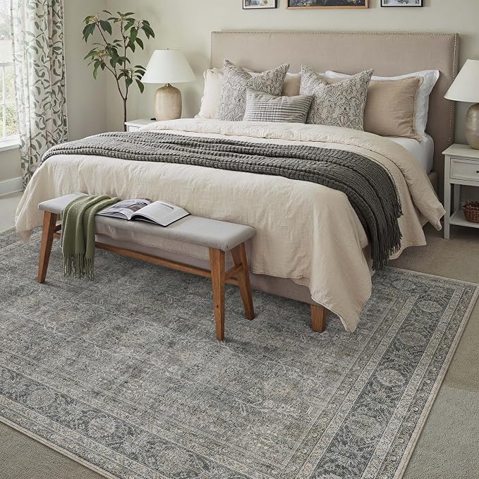 Vintage Area Rug 4x5 Grey Brown Entryway Office Washable Carpet Non Slip - Image 6