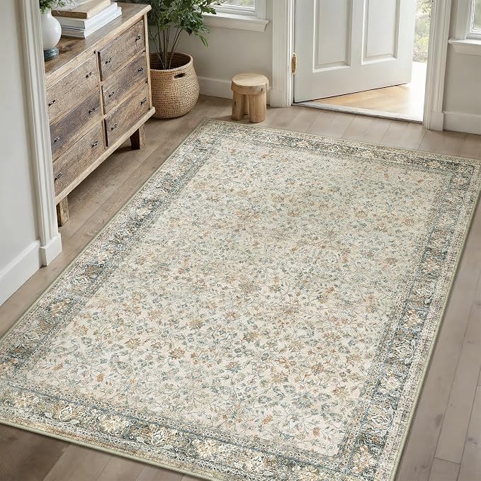 Beige Area Rug 5x7 Living Room Machine Washable Vintage Carpet Non Slip Indoor - Image 5